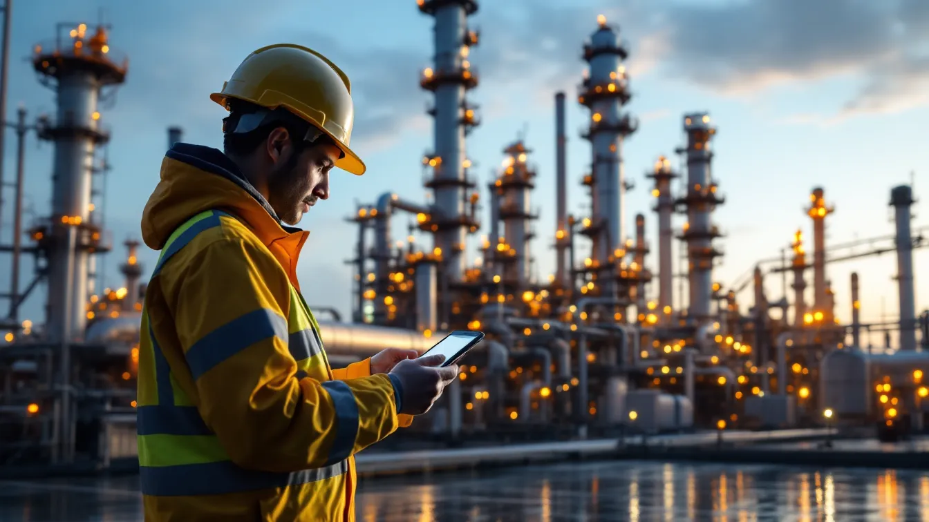 Industrial worker using mobile device for digital tracking in industrial facility